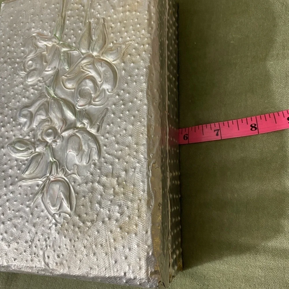 Vintage pewter covered wooden jewelry box with raised roses on top #05